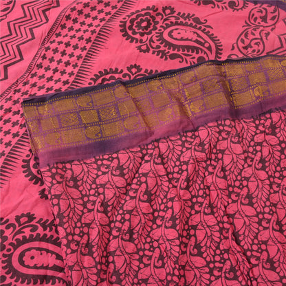 Sanskriti Vintage Sarees Pink/Black Block Print Zari Work PureCotton Sari Sustainable Fabric
