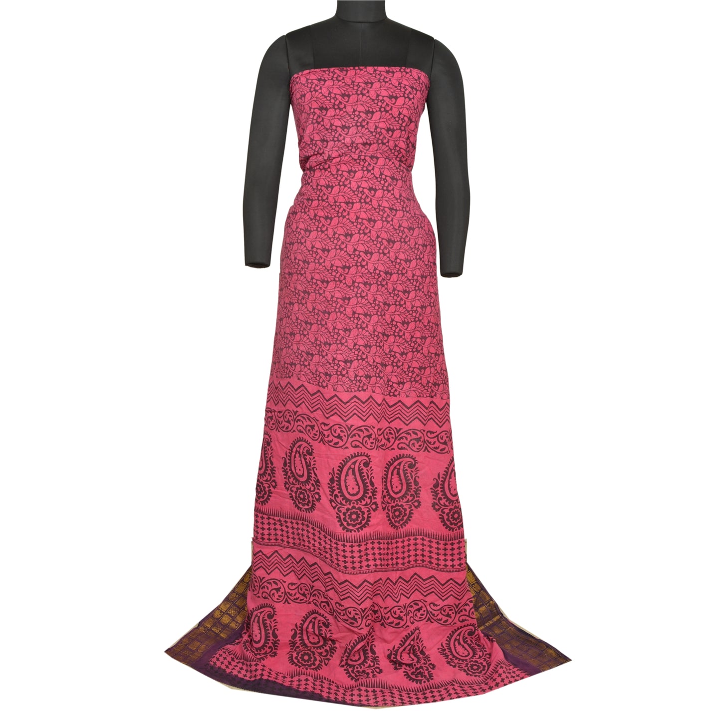 Sanskriti Vintage Sarees Pink/Black Block Print Zari Work PureCotton Sari Sustainable Fabric