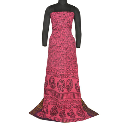 Sanskriti Vintage Sarees Pink/Black Block Print Zari Work PureCotton Sari Sustainable Fabric