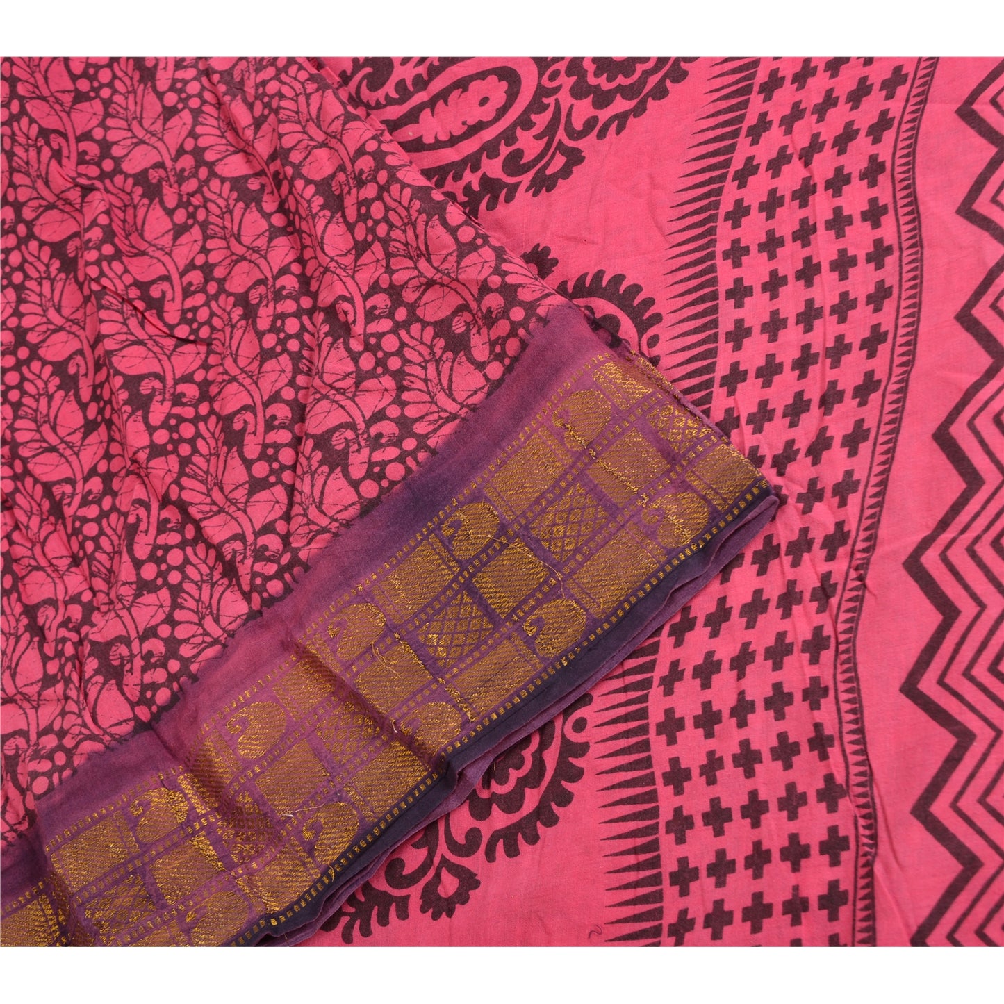 Sanskriti Vintage Sarees Pink/Black Block Print Zari Work PureCotton Sari Sustainable Fabric