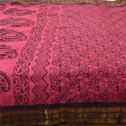 Sanskriti Vintage Sarees Pink/Black Block Print Zari Work PureCotton Sari Sustainable Fabric