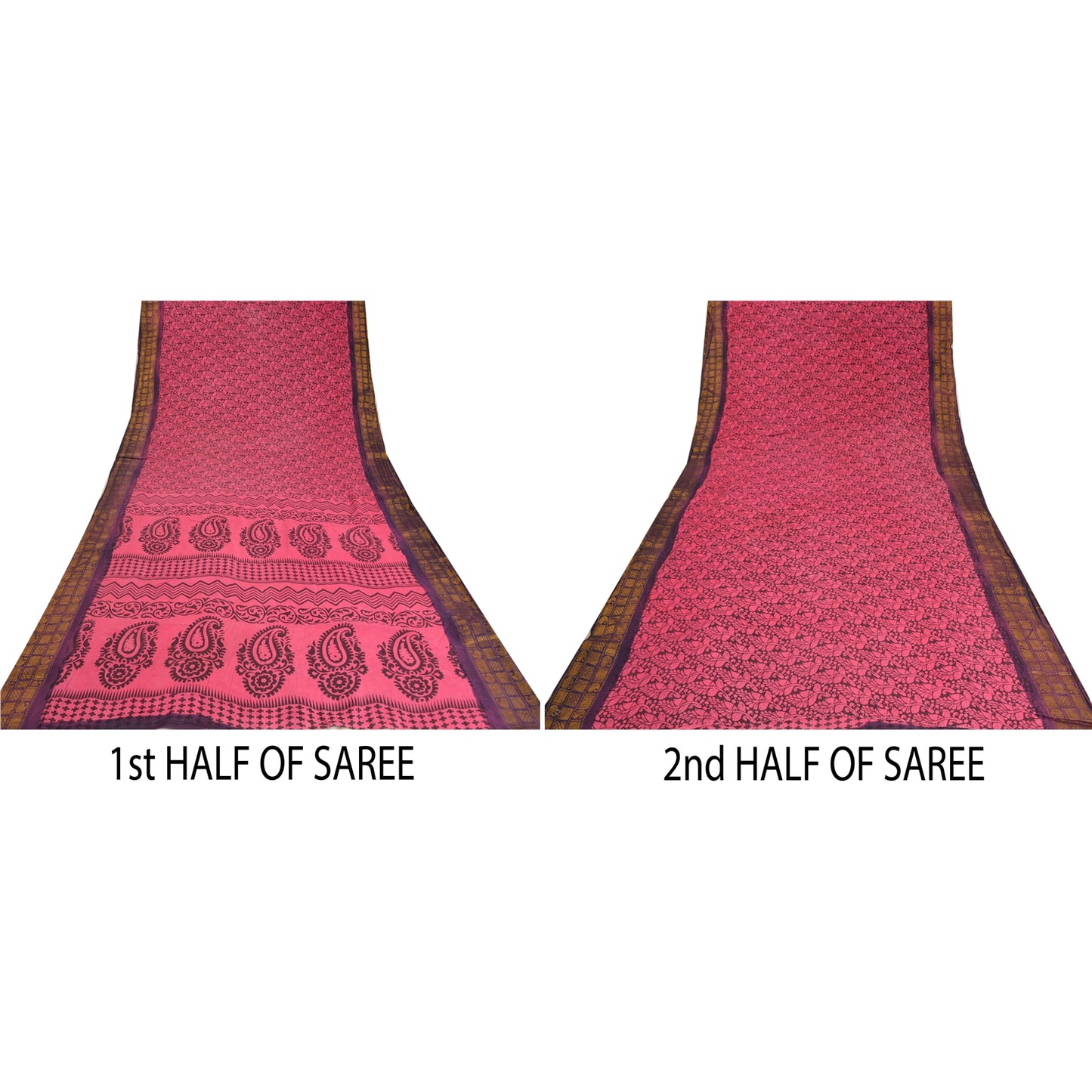 Sanskriti Vintage Sarees Pink/Black Block Print Zari Work PureCotton Sari Sustainable Fabric