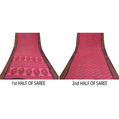 Sanskriti Vintage Sarees Pink/Black Block Print Zari Work PureCotton Sari Sustainable Fabric