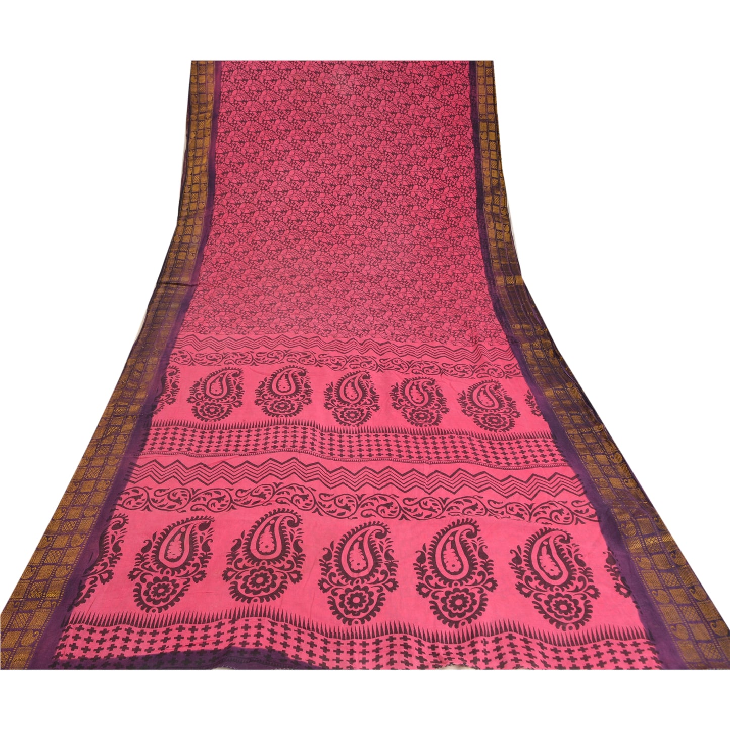 Sanskriti Vintage Sarees Pink/Black Block Print Zari Work PureCotton Sari Sustainable Fabric