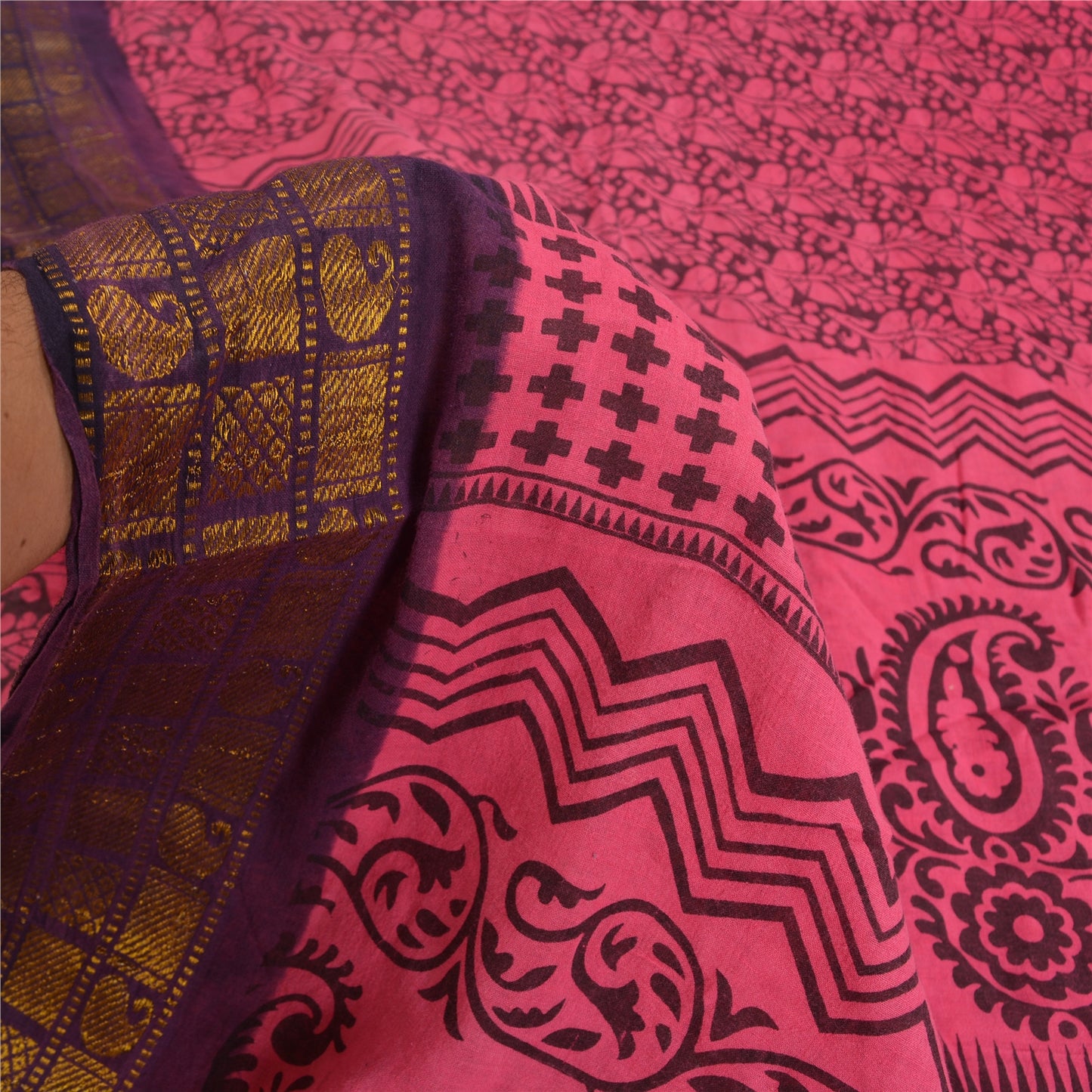 Sanskriti Vintage Sarees Pink/Black Block Print Zari Work PureCotton Sari Sustainable Fabric