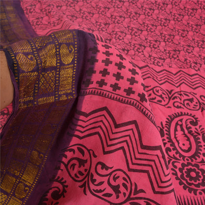 Sanskriti Vintage Sarees Pink/Black Block Print Zari Work PureCotton Sari Sustainable Fabric