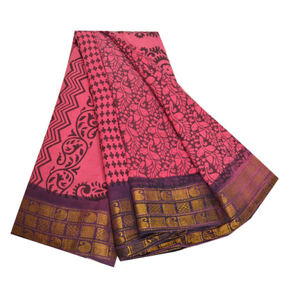 Sanskriti Vintage Sarees Pink/Black Block Print Zari Work PureCotton Sari Sustainable Fabric
