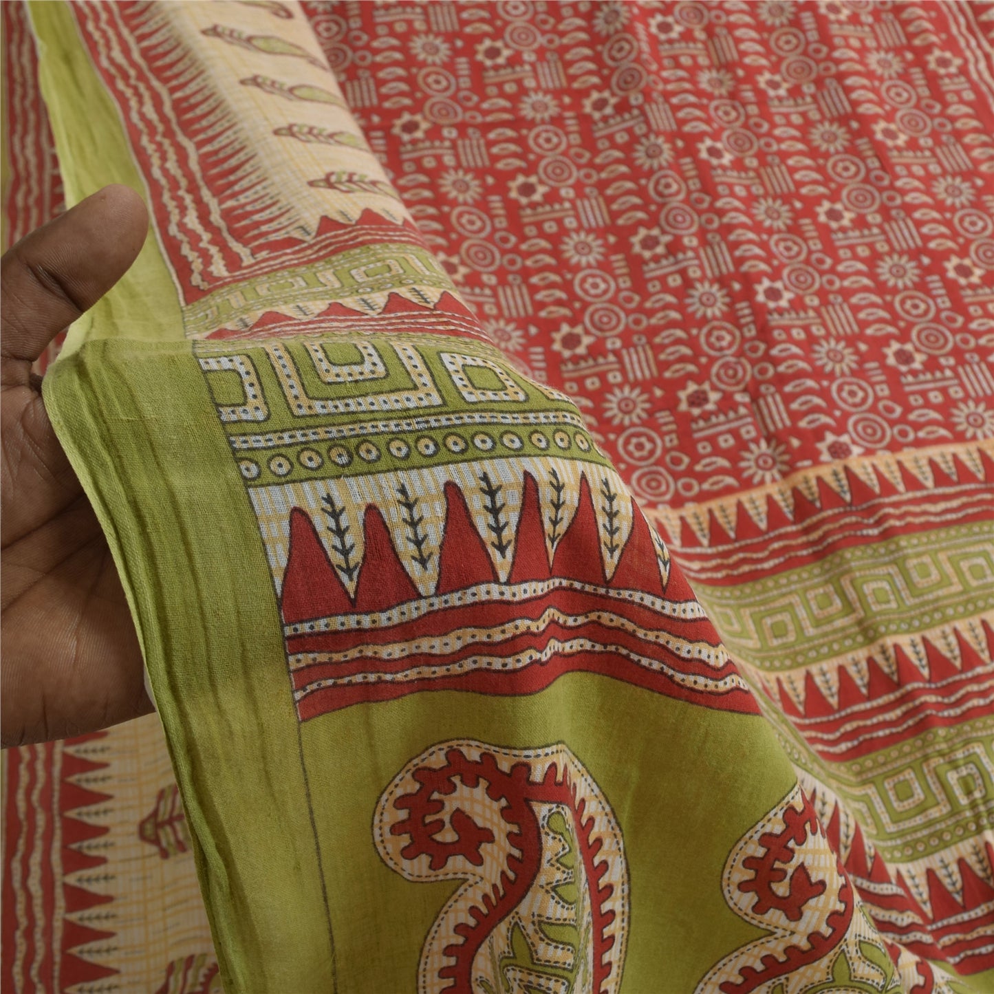 Sanskriti Vintage Sarees Indian Red Pure Cotton Printed Sari Soft Craft Fabric