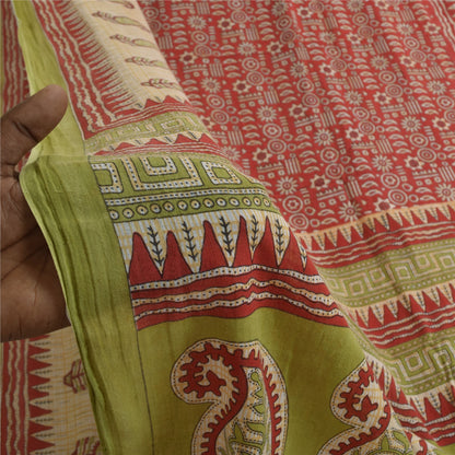 Sanskriti Vintage Sarees Indian Red Pure Cotton Printed Sari Soft Craft Fabric