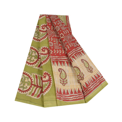 Sanskriti Vintage Sarees Indian Red Pure Cotton Printed Sari Soft Craft Fabric