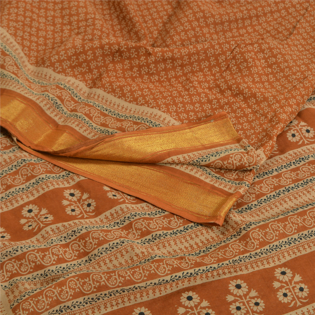 Sanskriti Vintage Sarees Brown Zari Border Pure Cotton Printed Sari Craft Fabric