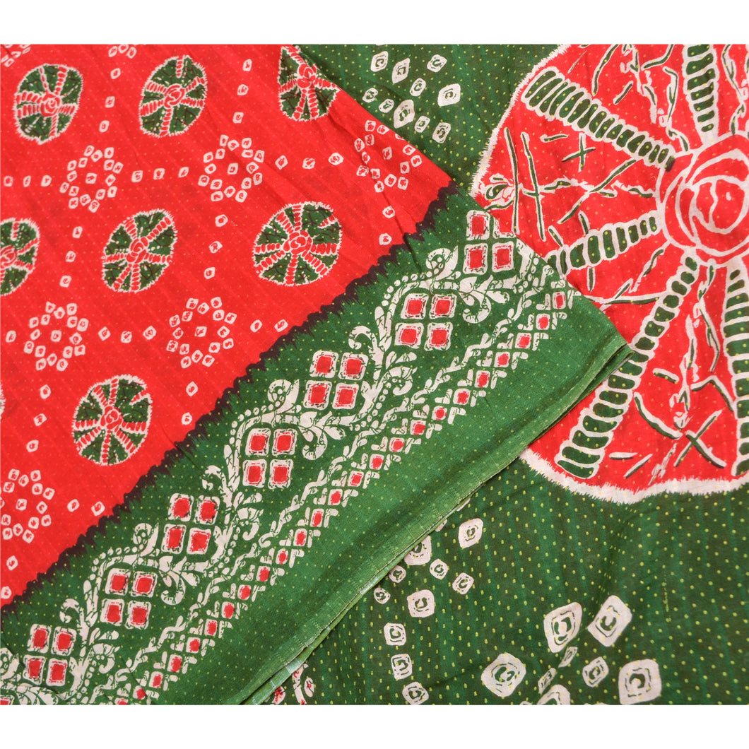 Sanskriti Vintage Sarees Red/Green Bandhani/Batik Print Pure Cotton Sari Fabric
