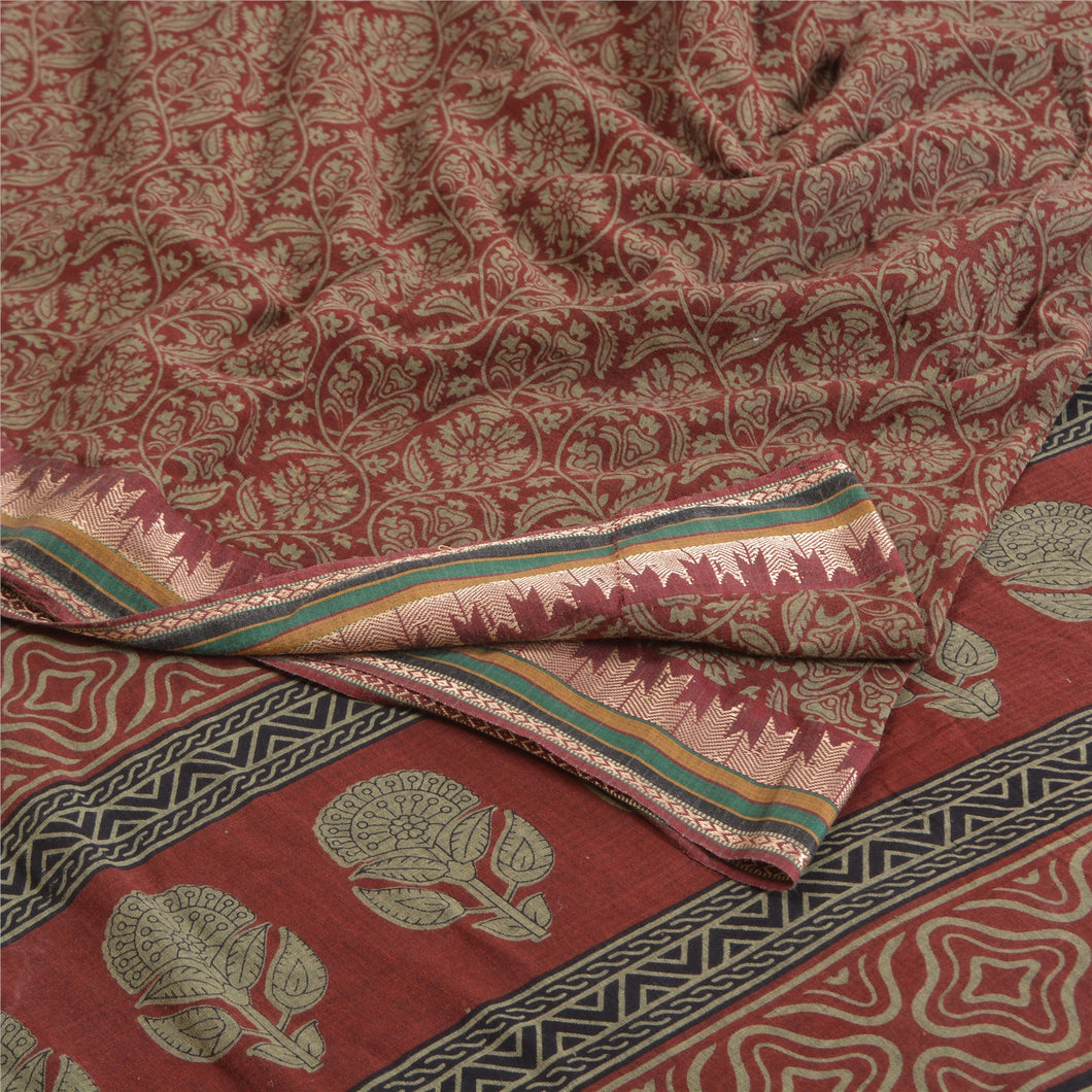 Sanskriti Vintage Sarees Indian Dark Red Pure Cotton Printed Sari Craft Fabric