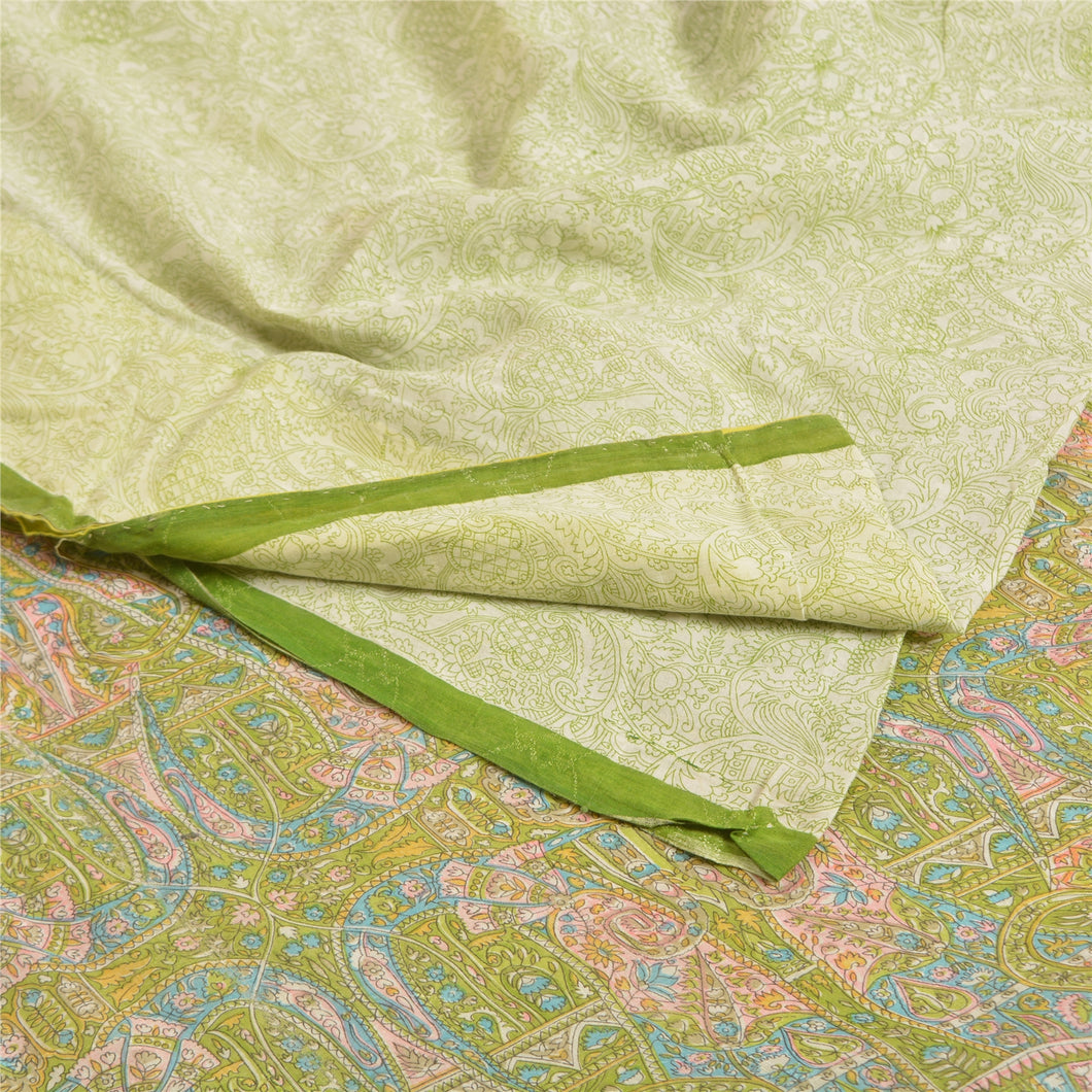 Sanskriti Vintage Sarees Cream/Green Printed Pure Cotton Sari 5yd Craft Fabric