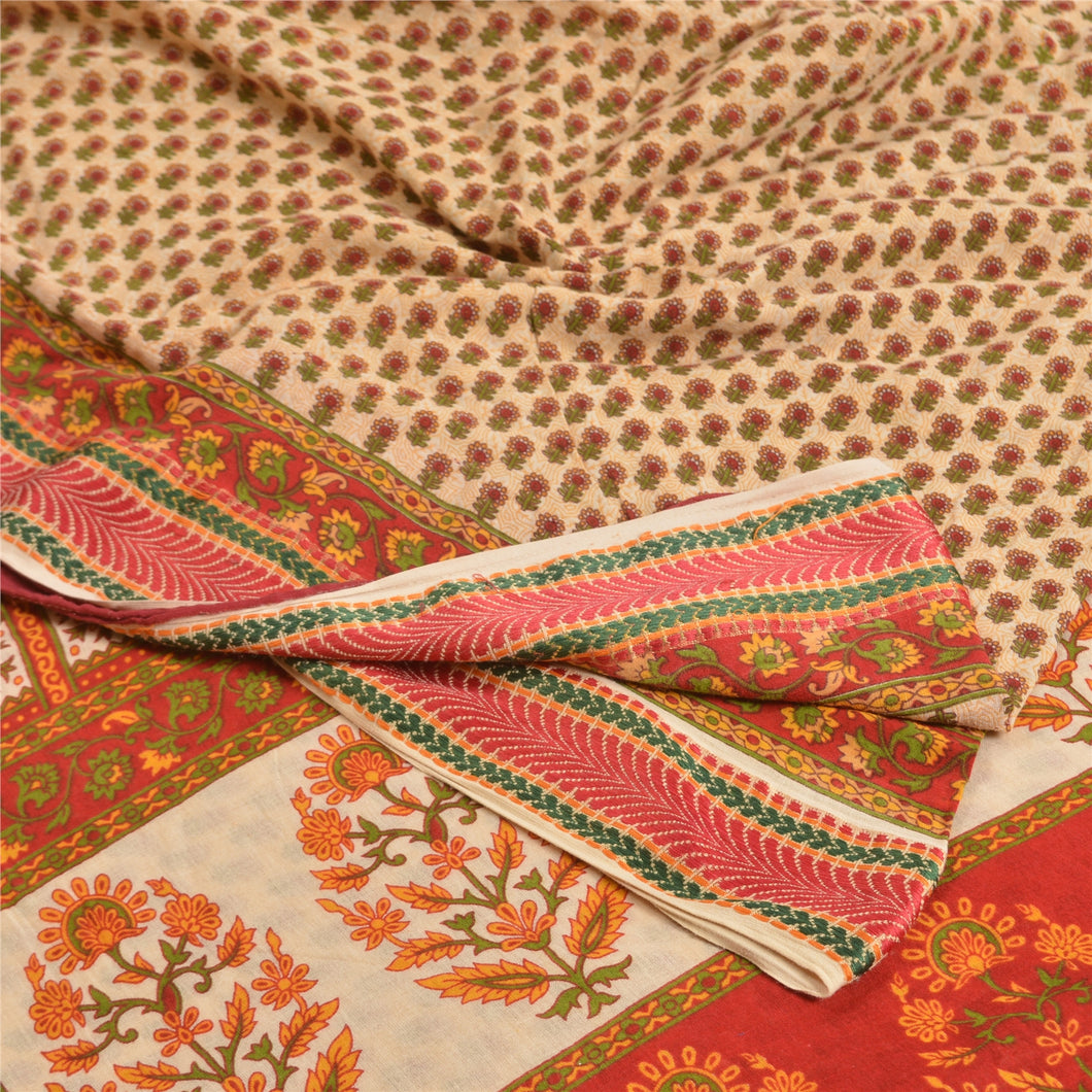 Sanskriti Vintage Sarees Cream/Red Pure Cotton Printed Sari Floral Craft Fabric