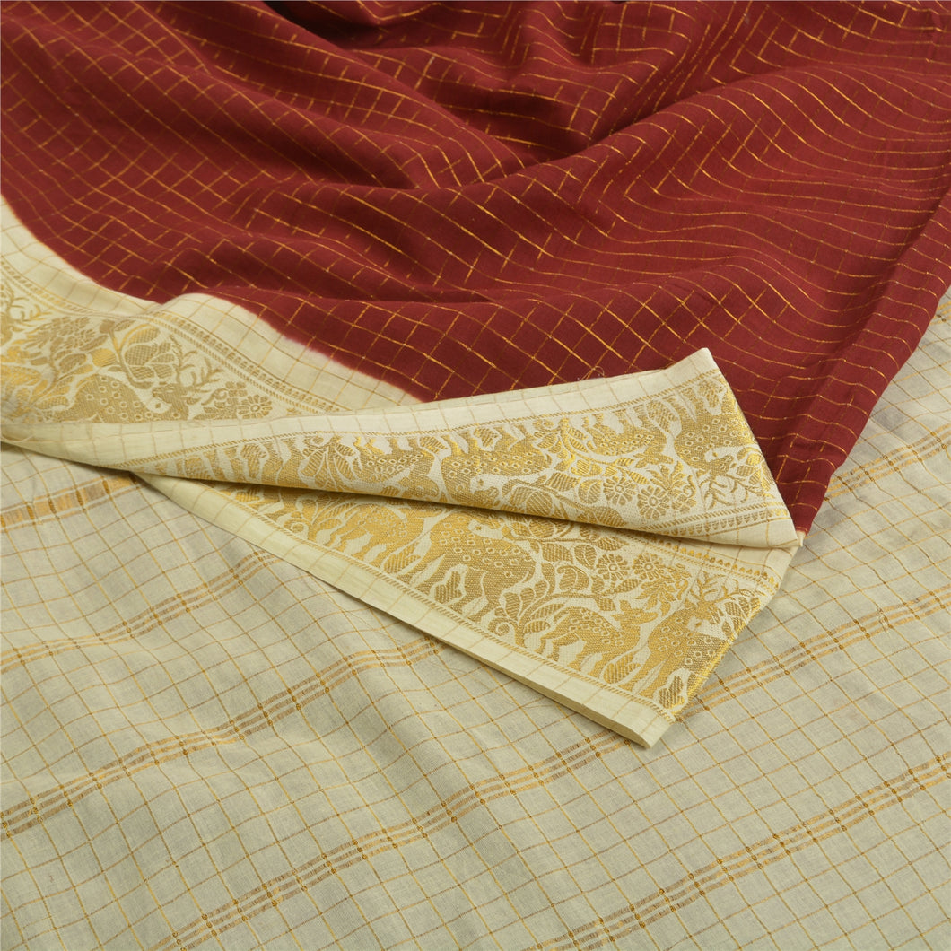 Sanskriti Vintage Sarees Red/Cream Zari Woven Pure Cotton Sari 5yd Craft Fabric