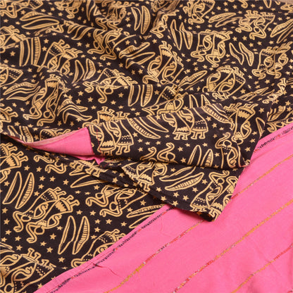 Sanskriti Vintage Sarees Pink/Black Human Printed Pure Cotton Sari Craft Sustainable Fabric