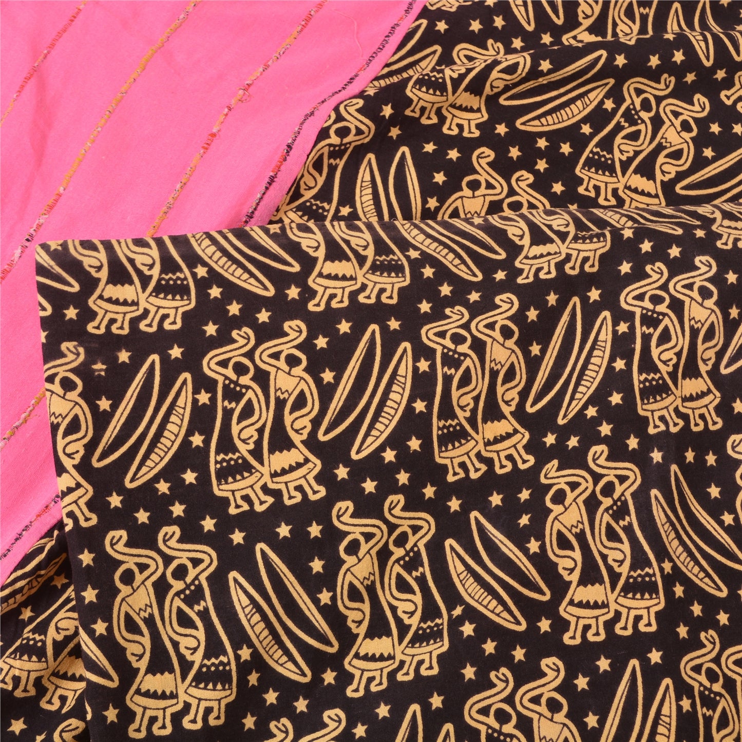Sanskriti Vintage Sarees Pink/Black Human Printed Pure Cotton Sari Craft Sustainable Fabric