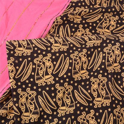 Sanskriti Vintage Sarees Pink/Black Human Printed Pure Cotton Sari Craft Sustainable Fabric
