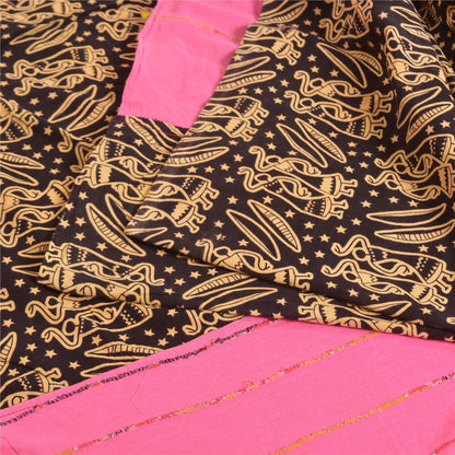 Sanskriti Vintage Sarees Pink/Black Human Printed Pure Cotton Sari Craft Sustainable Fabric