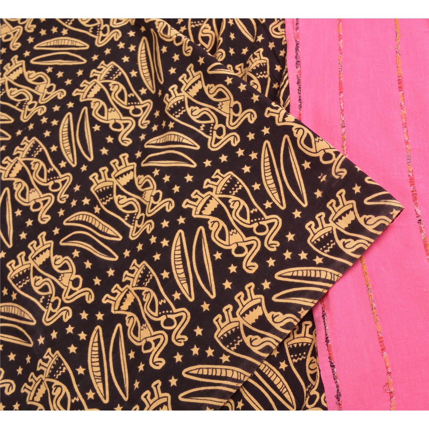 Sanskriti Vintage Sarees Pink/Black Human Printed Pure Cotton Sari Craft Sustainable Fabric