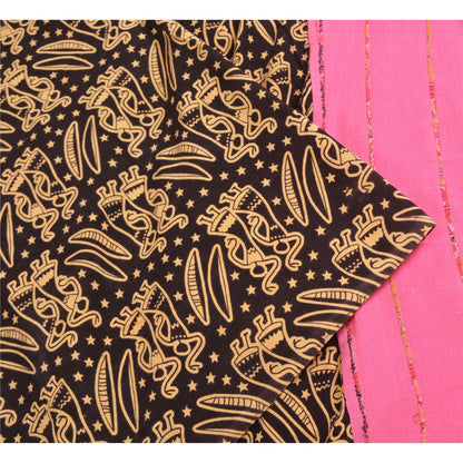 Sanskriti Vintage Sarees Pink/Black Human Printed Pure Cotton Sari Craft Sustainable Fabric