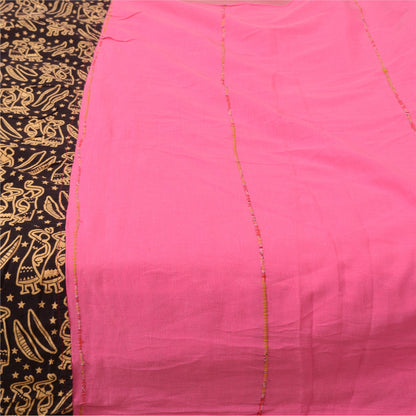 Sanskriti Vintage Sarees Pink/Black Human Printed Pure Cotton Sari Craft Sustainable Fabric