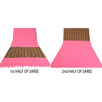 Sanskriti Vintage Sarees Pink/Black Human Printed Pure Cotton Sari Craft Sustainable Fabric
