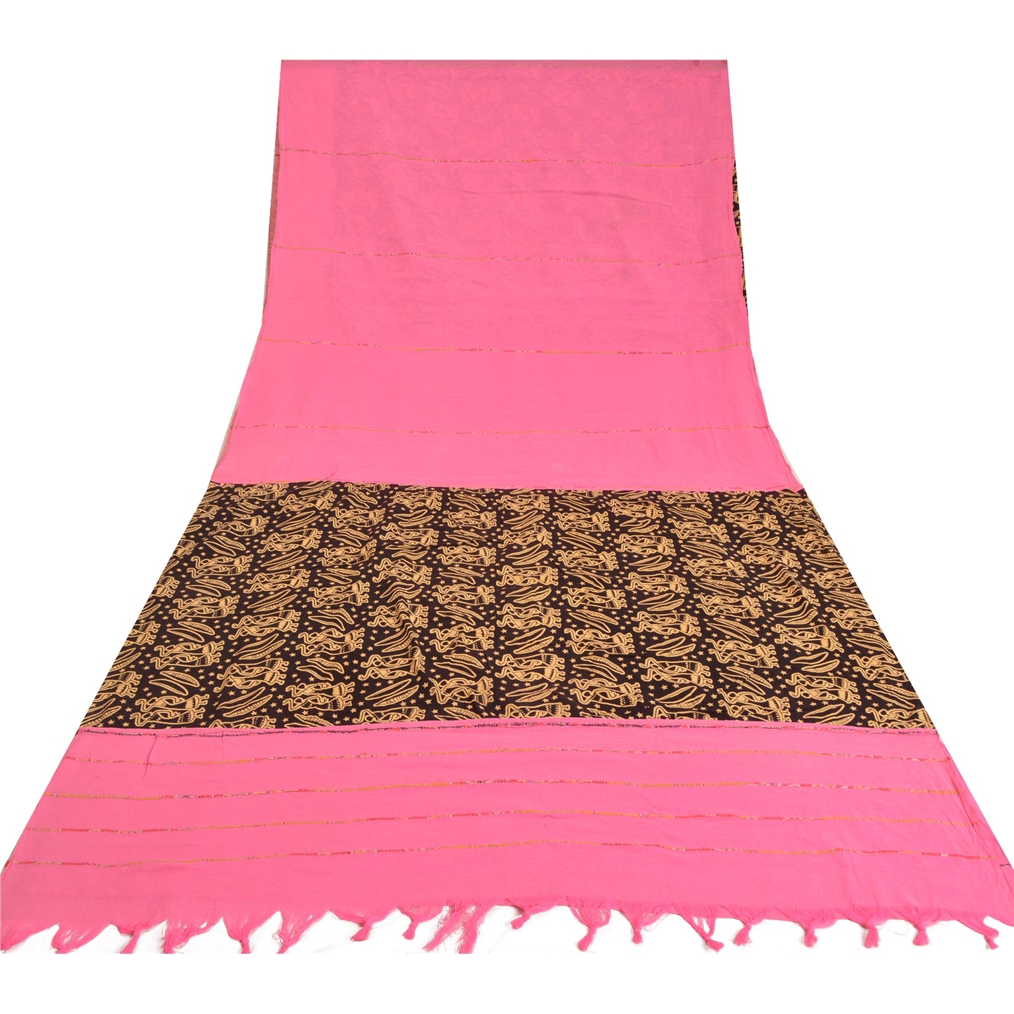Sanskriti Vintage Sarees Pink/Black Human Printed Pure Cotton Sari Craft Sustainable Fabric