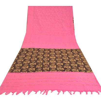 Sanskriti Vintage Sarees Pink/Black Human Printed Pure Cotton Sari Craft Sustainable Fabric
