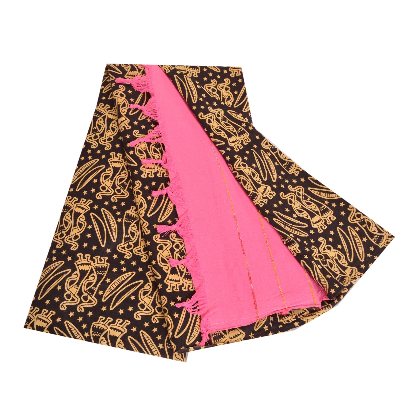 Sanskriti Vintage Sarees Pink/Black Human Printed Pure Cotton Sari Craft Sustainable Fabric
