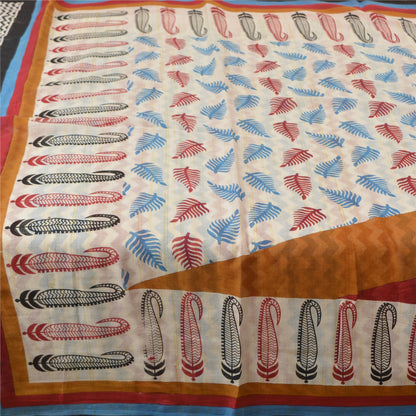 Sanskriti Vintage Saree Soft Ivory Pure Cotton PaisleyLeaf Print Sari 5Yd Fabric