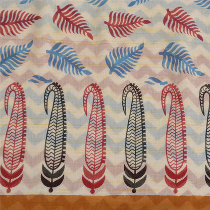 Sanskriti Vintage Saree Soft Ivory Pure Cotton PaisleyLeaf Print Sari 5Yd Fabric