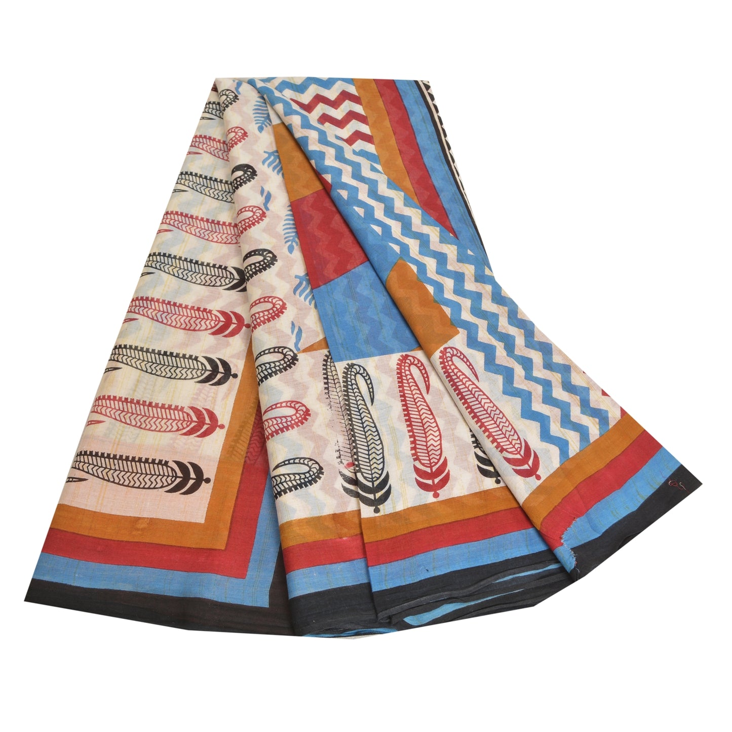 Sanskriti Vintage Saree Soft Ivory Pure Cotton PaisleyLeaf Print Sari 5Yd Fabric