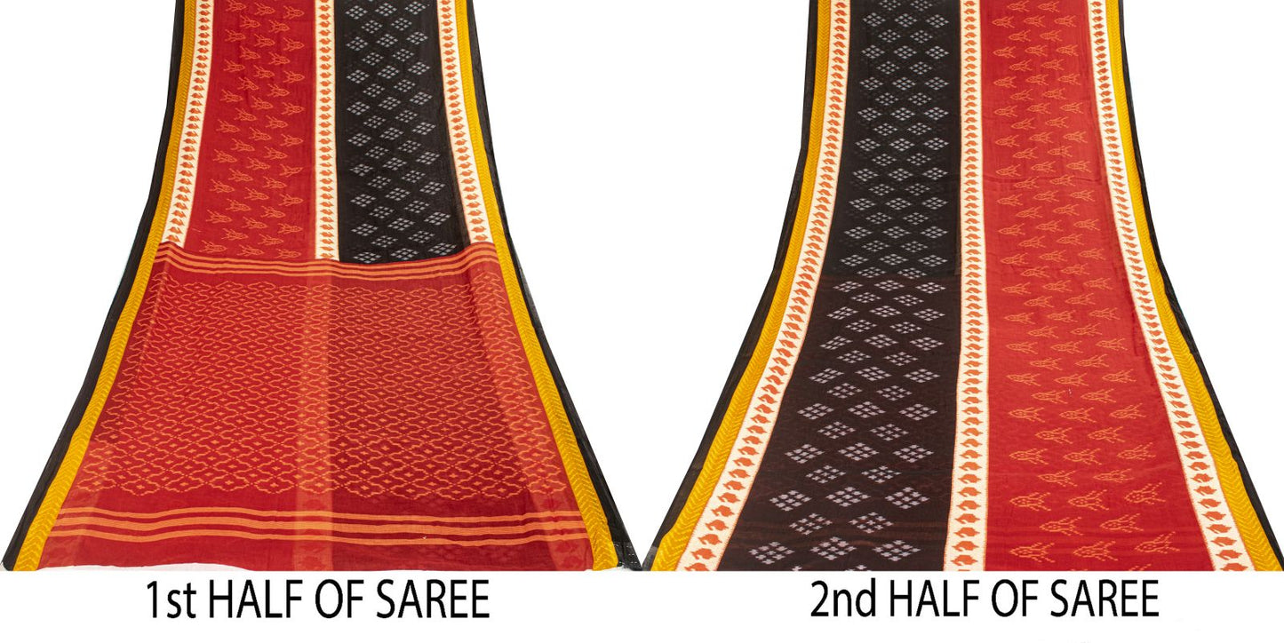Sanskriti Vintage Saree Red-Black 100% Pure Cotton Ikat Print Sari Fabric 5+Yard