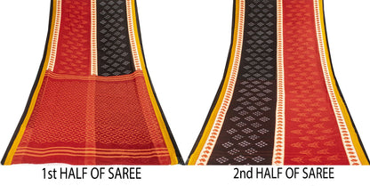 Sanskriti Vintage Saree Red-Black 100% Pure Cotton Ikat Print Sari Fabric 5+Yard