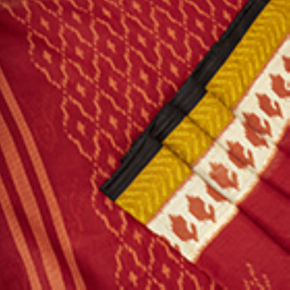 Sanskriti Vintage Saree Red-Black 100% Pure Cotton Ikat Print Sari Fabric 5+Yard