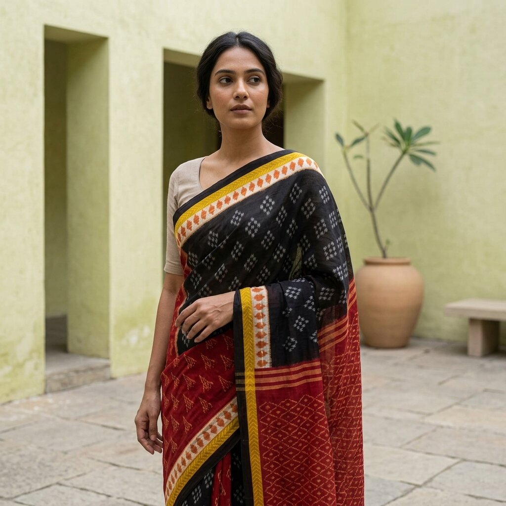 Sanskriti Vintage Saree Red-Black 100% Pure Cotton Ikat Print Sari Fabric 5+Yard