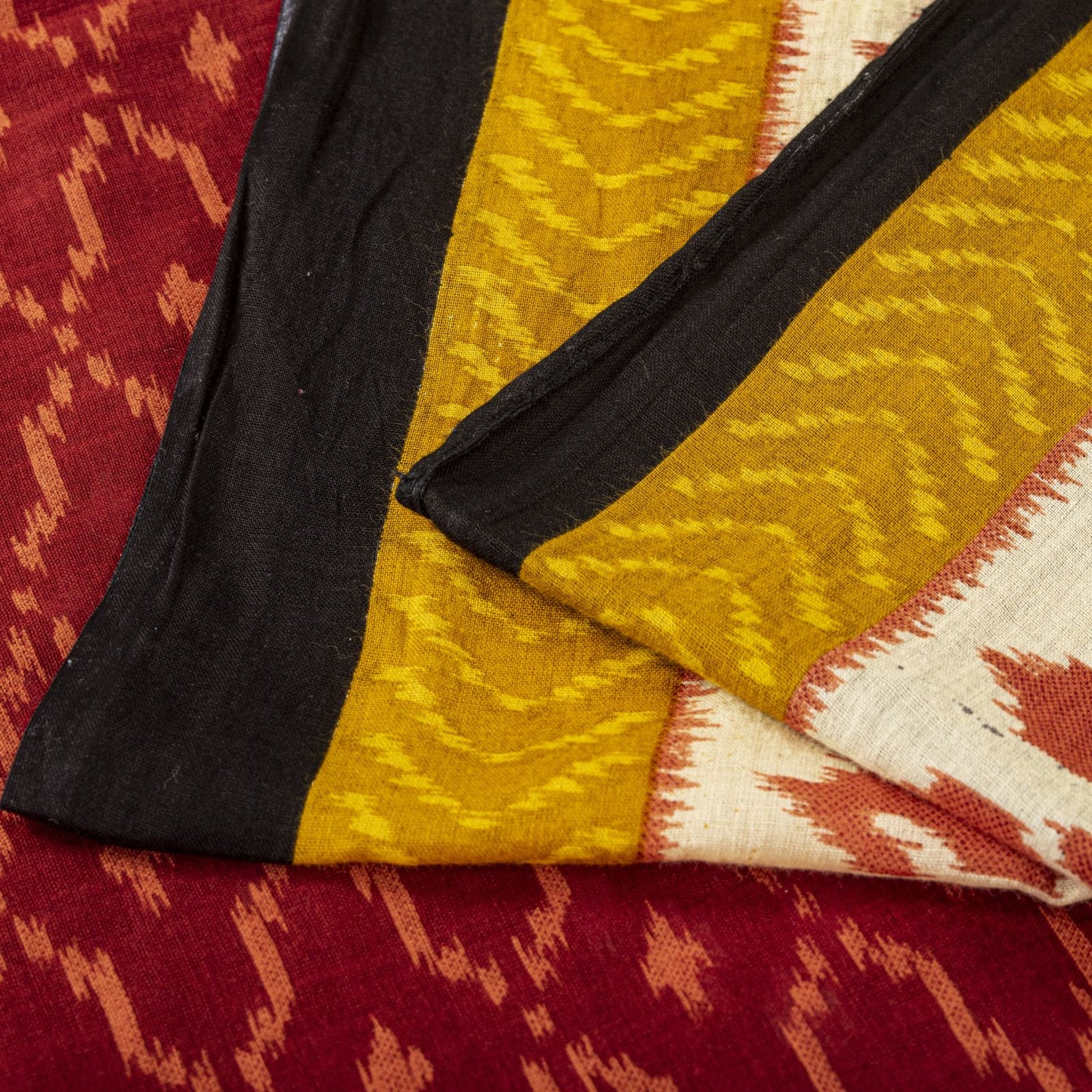 Sanskriti Vintage Saree Red-Black 100% Pure Cotton Ikat Print Sari Fabric 5+Yard