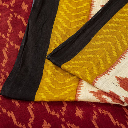 Sanskriti Vintage Saree Red-Black 100% Pure Cotton Ikat Print Sari Fabric 5+Yard