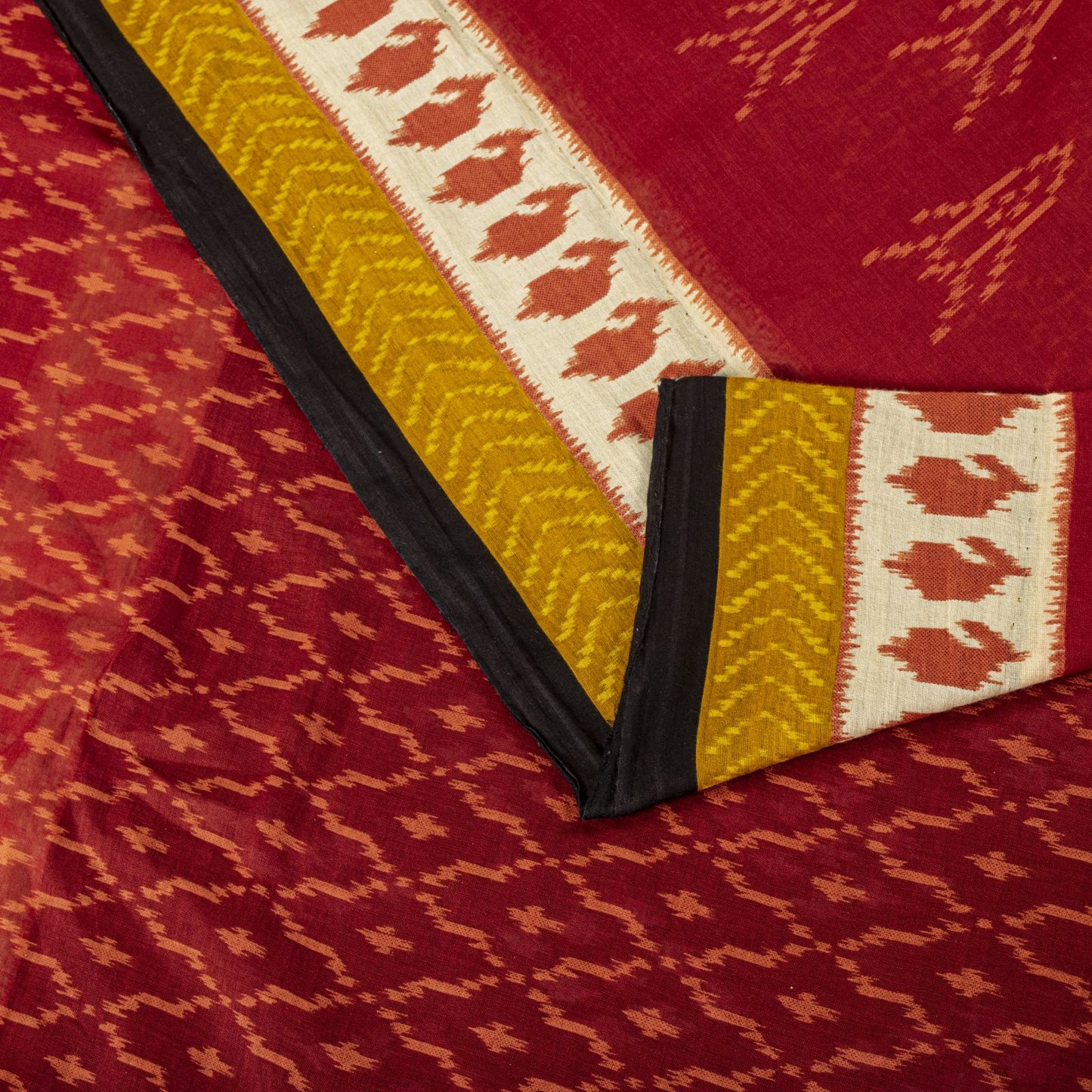 Sanskriti Vintage Saree Red-Black 100% Pure Cotton Ikat Print Sari Fabric 5+Yard
