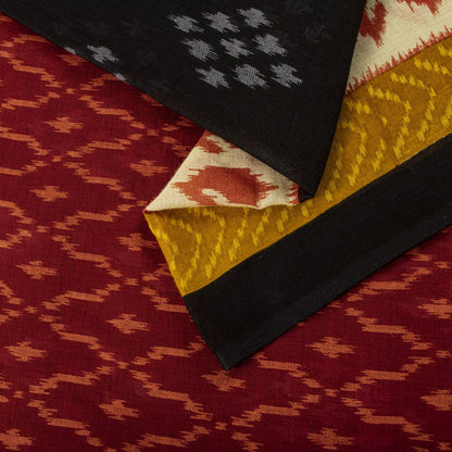 Sanskriti Vintage Saree Red-Black 100% Pure Cotton Ikat Print Sari Fabric 5+Yard
