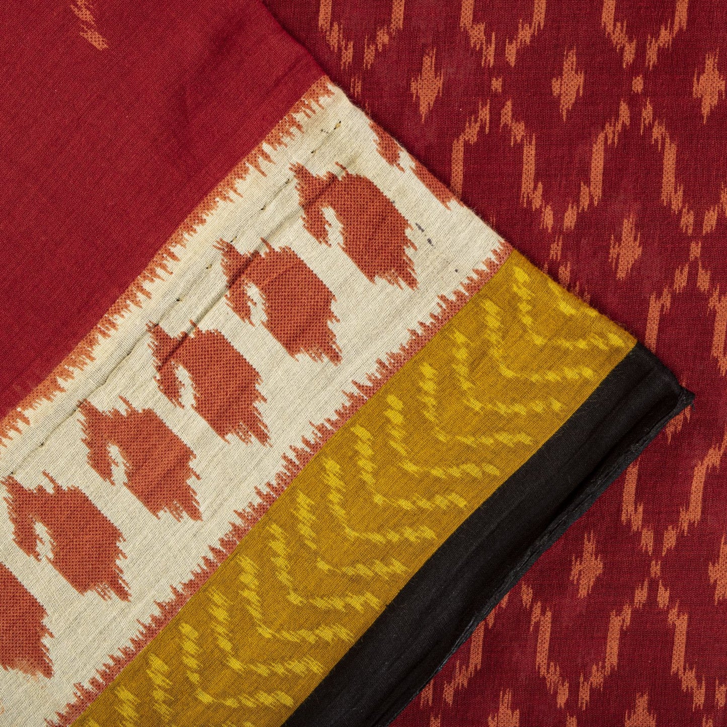 Sanskriti Vintage Saree Red-Black 100% Pure Cotton Ikat Print Sari Fabric 5+Yard