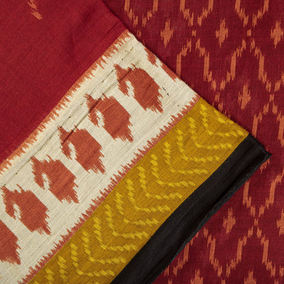 Sanskriti Vintage Saree Red-Black 100% Pure Cotton Ikat Print Sari Fabric 5+Yard