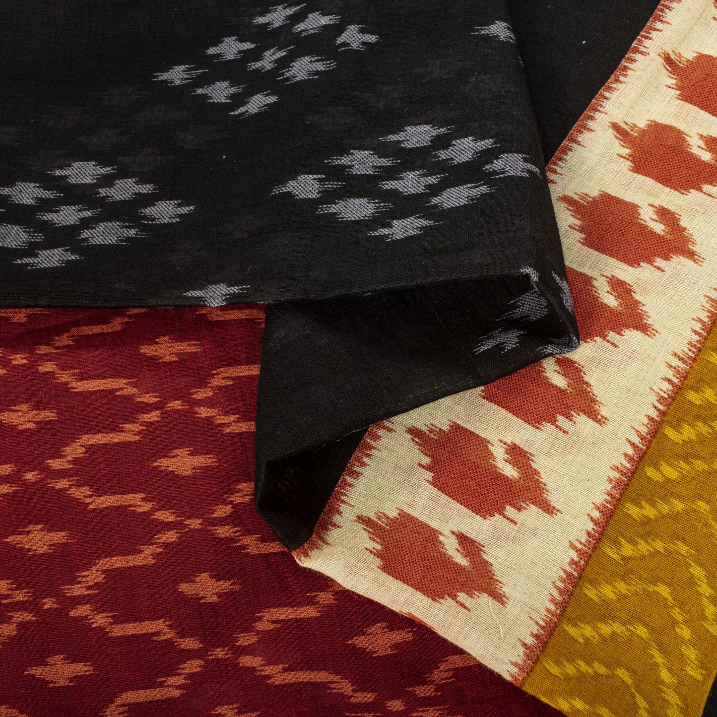 Sanskriti Vintage Saree Red-Black 100% Pure Cotton Ikat Print Sari Fabric 5+Yard
