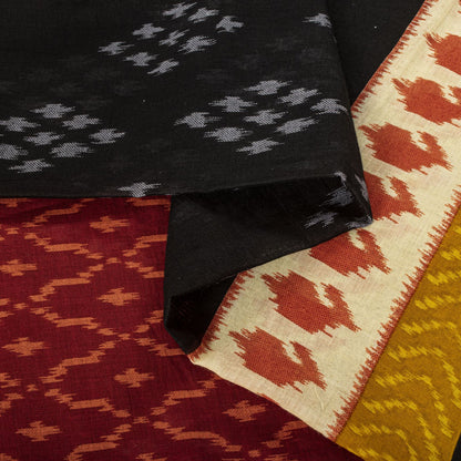 Sanskriti Vintage Saree Red-Black 100% Pure Cotton Ikat Print Sari Fabric 5+Yard