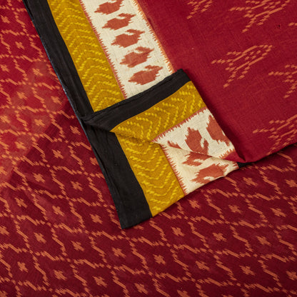 Sanskriti Vintage Saree Red-Black 100% Pure Cotton Ikat Print Sari Fabric 5+Yard