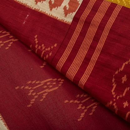 Sanskriti Vintage Saree Red-Black 100% Pure Cotton Ikat Print Sari Fabric 5+Yard