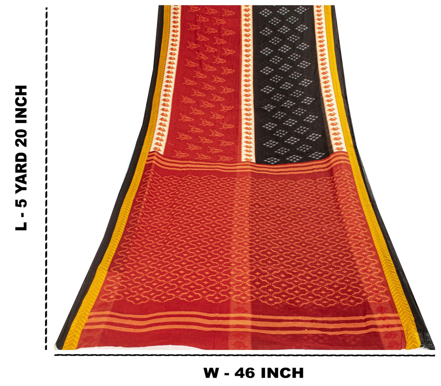 Sanskriti Vintage Saree Red-Black 100% Pure Cotton Ikat Print Sari Fabric 5+Yard