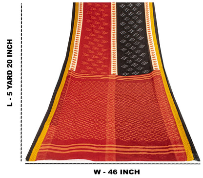 Sanskriti Vintage Saree Red-Black 100% Pure Cotton Ikat Print Sari Fabric 5+Yard